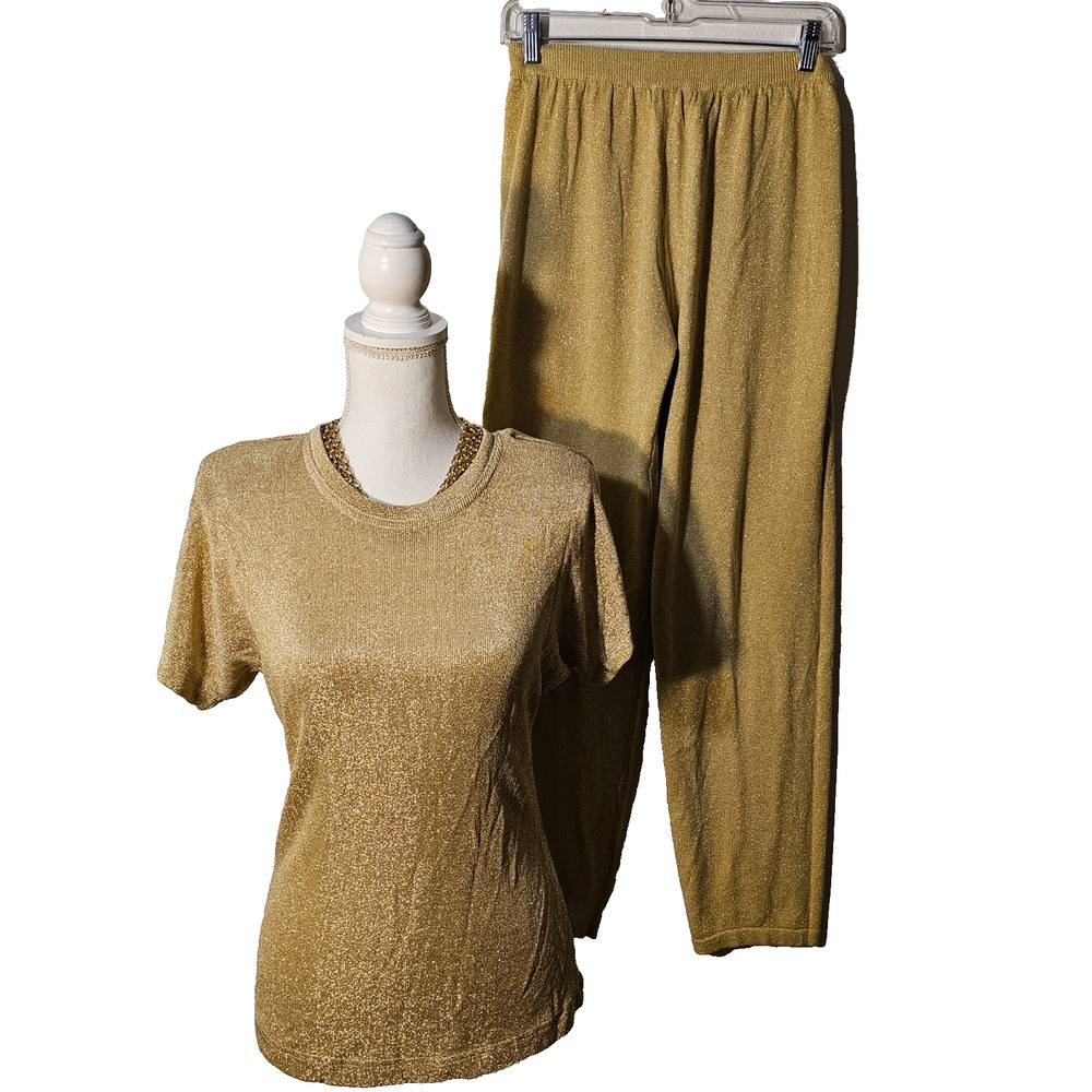 VTG 90’S THE ICING Womens 2 pc set Top Rayon Gold Shimmer Knit Leggings Small